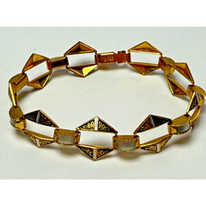 Vintage 7" Damascene Link Bracelet Moonglow Lucite Panel Gold Tone Victorian Rev
